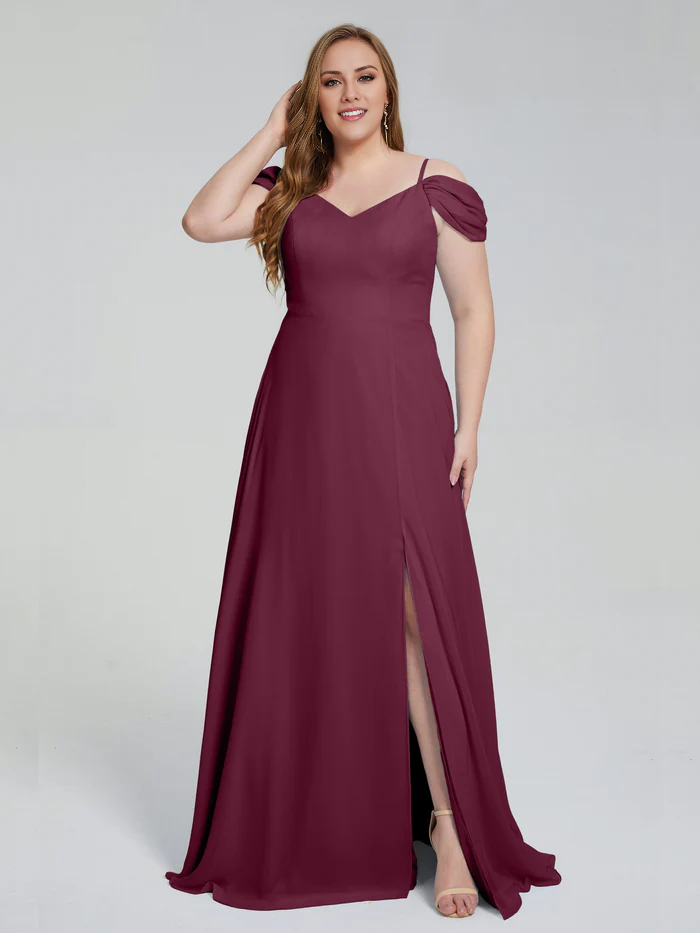 Thin shoulder strap plus size and floor length bridesmaid dress